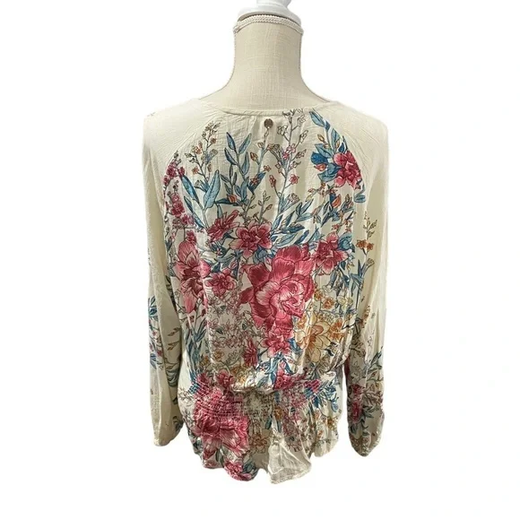 Billabong Play Day Women Cream Floral Long Sleeve Scoop Neck Crinkle Top Sz Sm - Picture 5 of 15